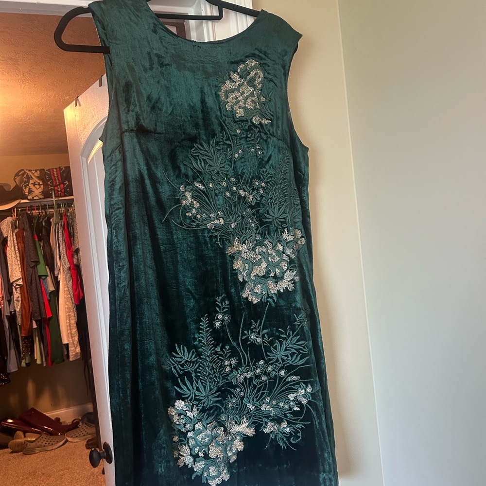 Anthropologie Teal Floral Embroidered Midi Dress